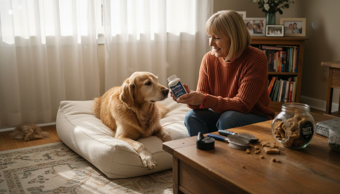 Senior dog and owner with supplement scene