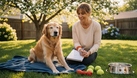 Dog stretching with owner in backyard