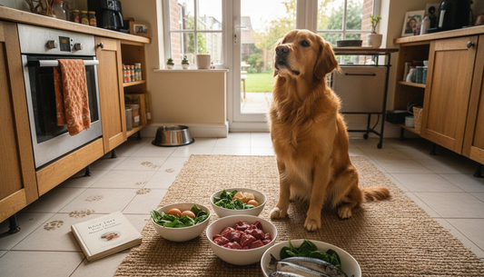 Dog surrounded by natural vitamin-rich foods
