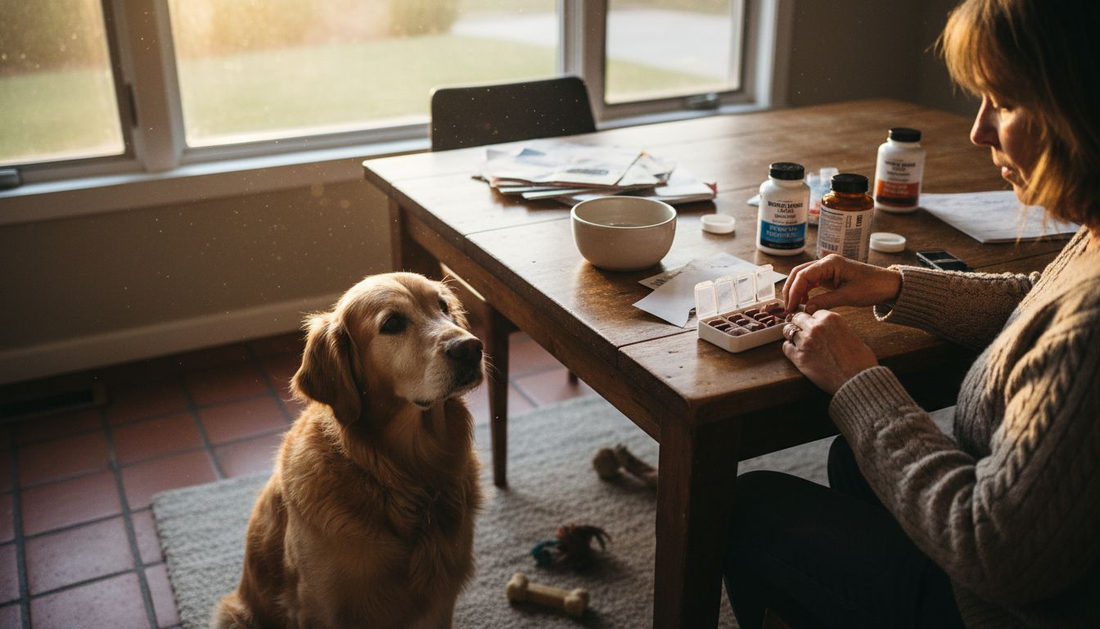 Golden retriever and owner with supplements at kitchen table