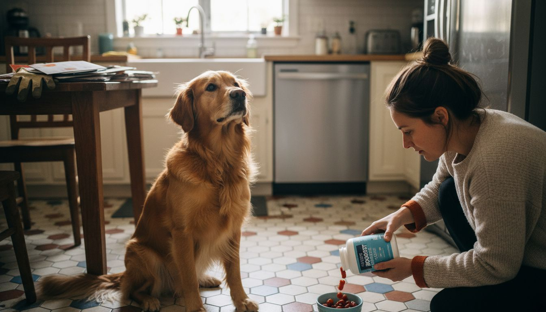 Dog waits for vitamin supplement in kitchen