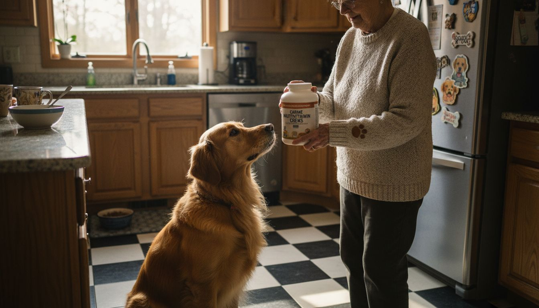 Dog in kitchen beside multivitamin jar