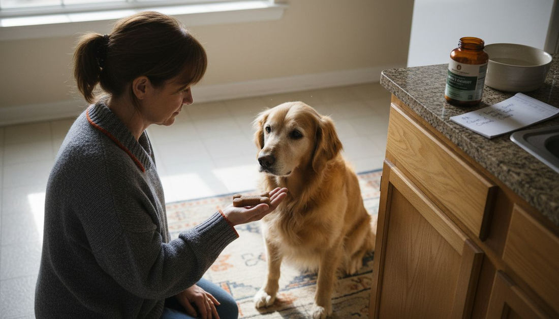 Woman giving dog supplement in kitchen
