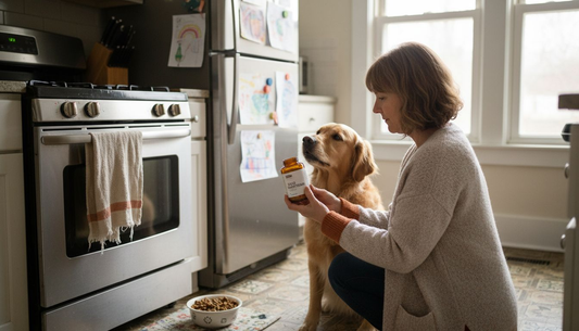 Dog owner about to give multivitamin tablet