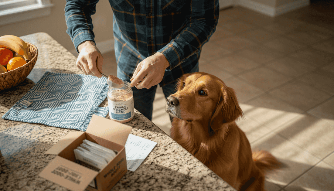 Dog and owner preparing natural dog vitamins