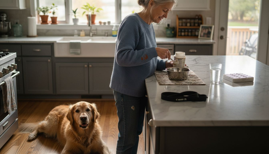 Senior golden retriever watches owner prepare supplements