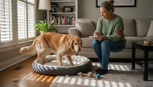 Woman observing elderly dog rising from bed