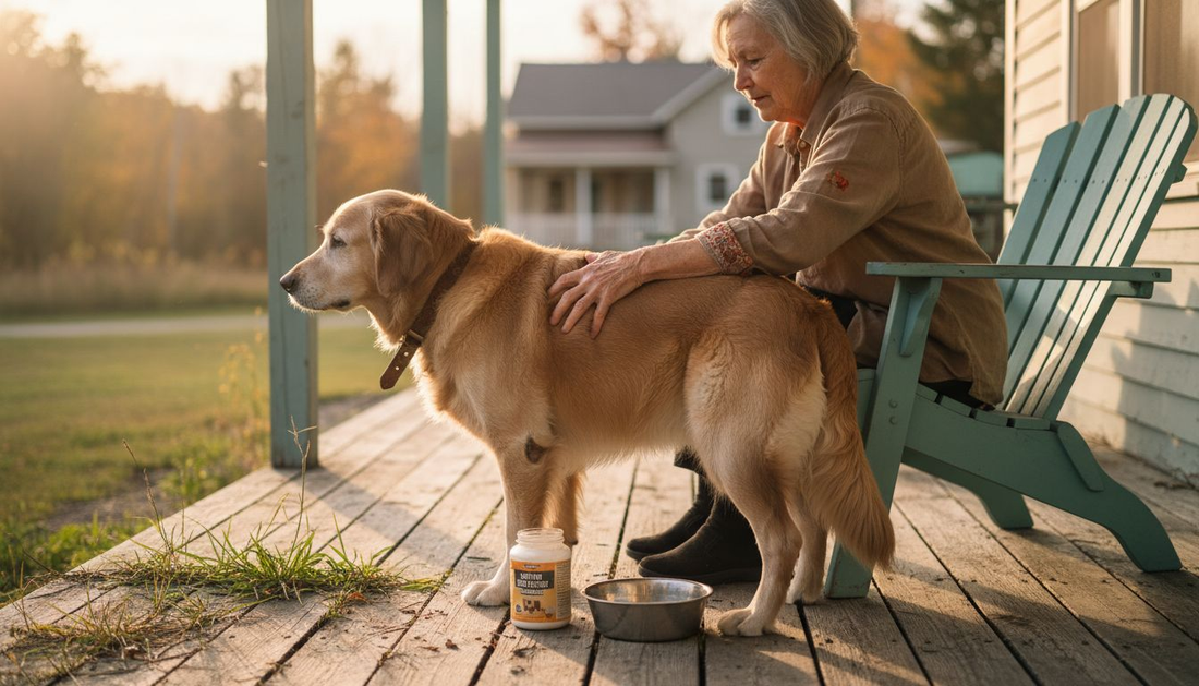 Senior dog receives joint massage on porch