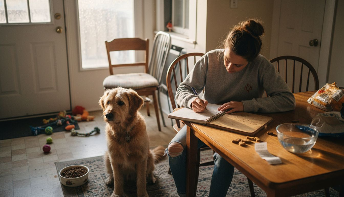Dog and owner documenting current diet in kitchen