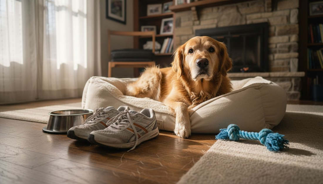 Senior golden retriever rests on orthopedic bed at home