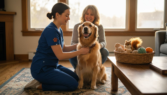Vet examines dog in cozy living room setting