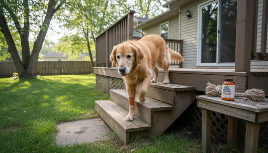 Senior retriever climbing stairs after joint support