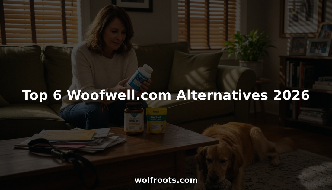 Dog owner comparing supplement brands at home