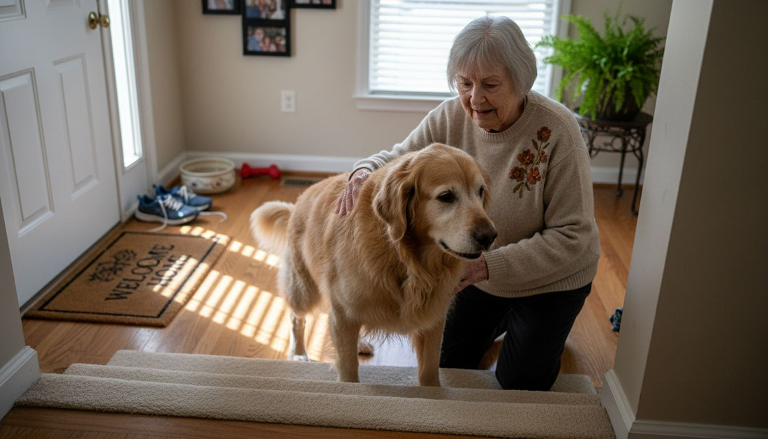 Older dog climbing stairs with owner support