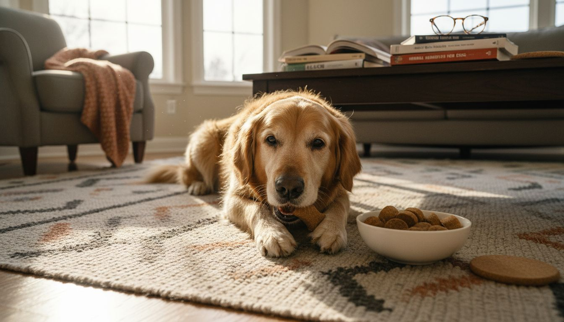 Senior dog with natural supplements on living room rug