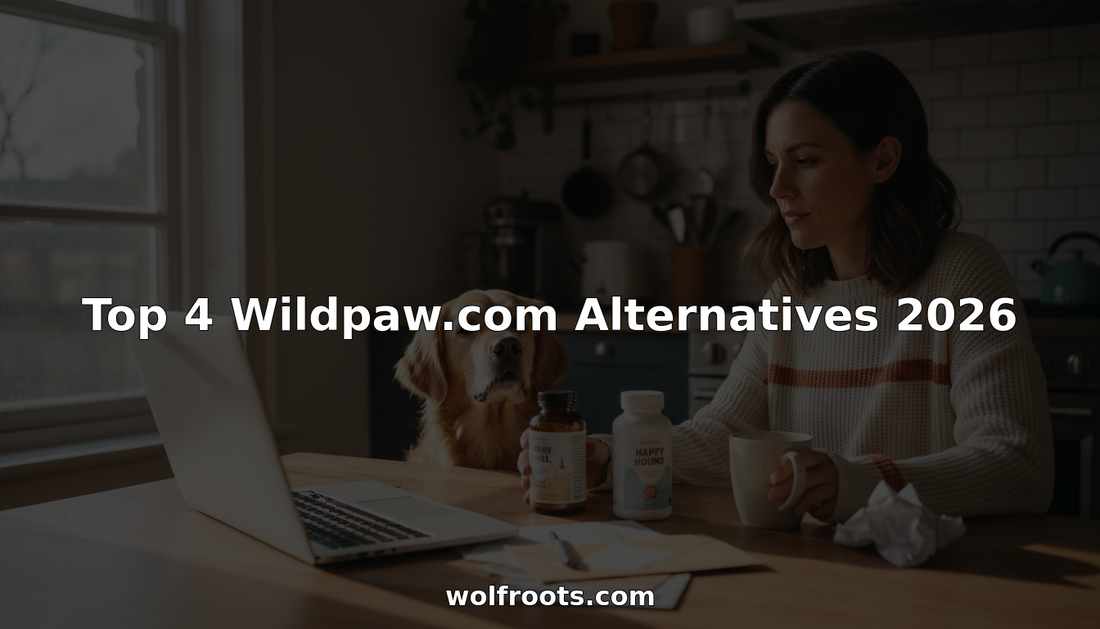 Dog owner comparing pet supplement bottles at kitchen table