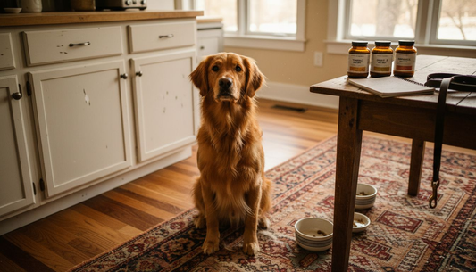 Dog kitchen table supplements morning sunlight