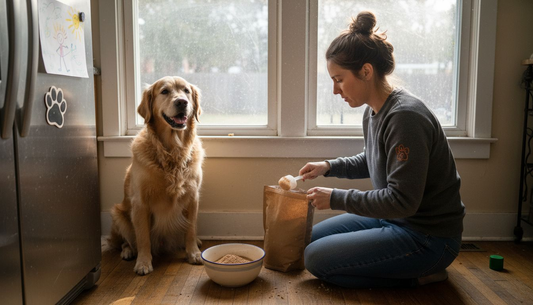 Dog receiving natural supplement in home kitchen