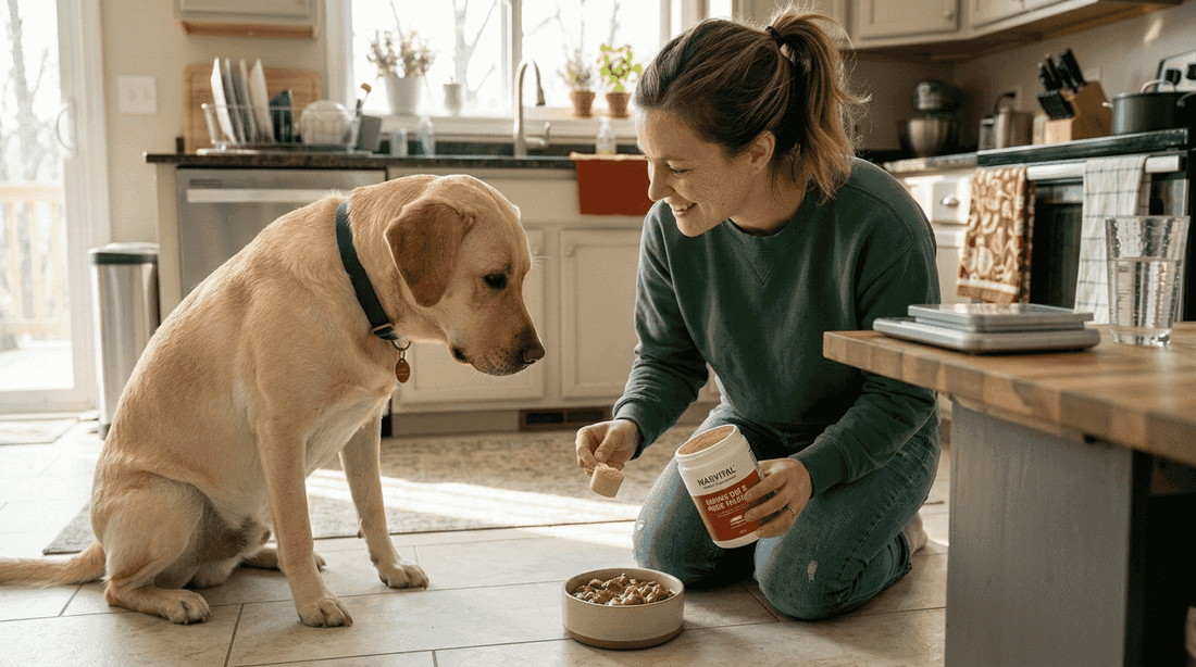 Woman preparing dog supplement at kitchen counter