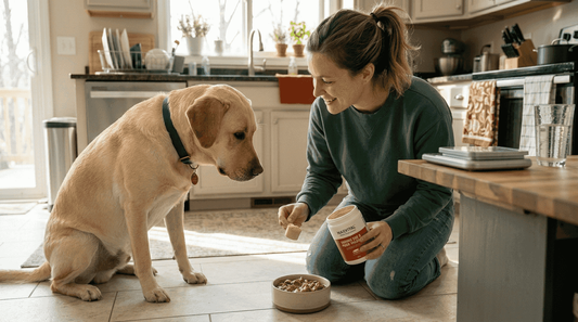 Woman preparing dog supplement at kitchen counter