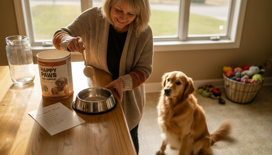 Home kitchen dog supplement feeding scene