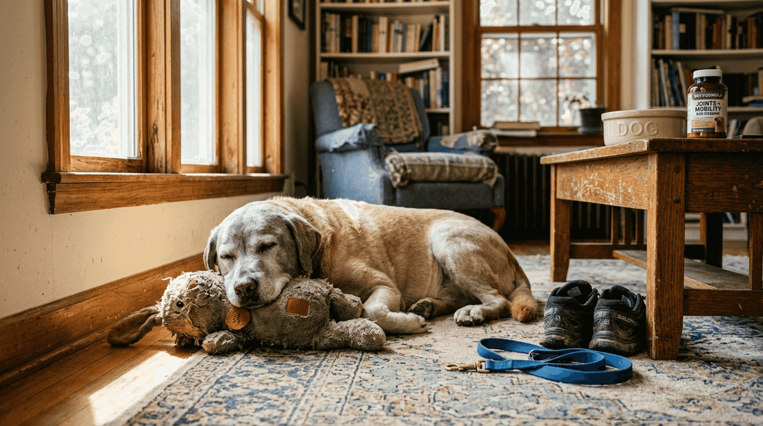 Senior Labrador resting with plush toy at home